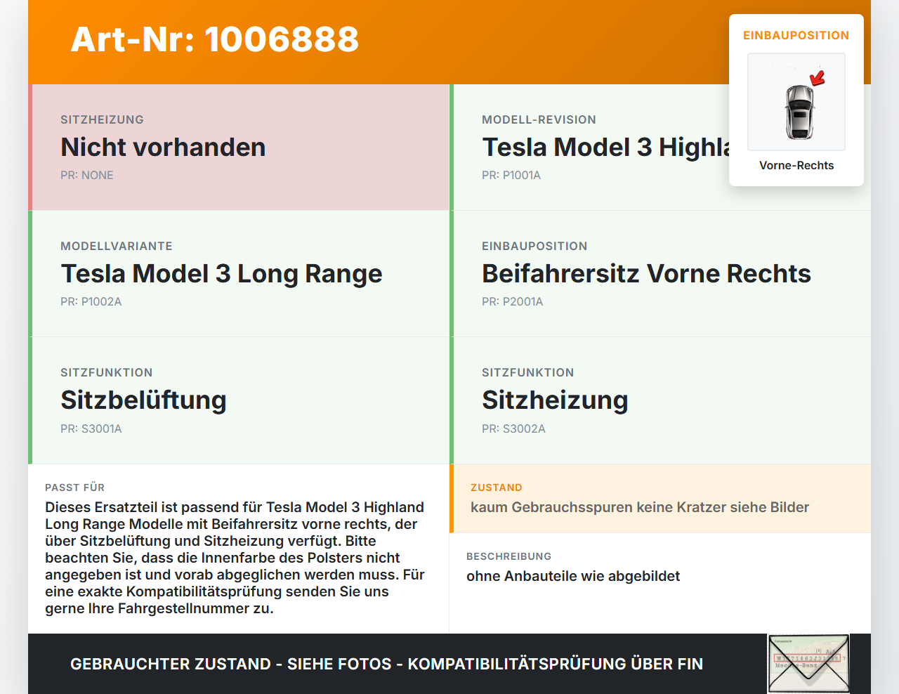 Tesla Model 3 LR Highland Sitz Beifahrersitz Lüftung Vorne Rechts Tesla Model 3 LR Highland 16.01.2024 gebraucht Vorschau 3