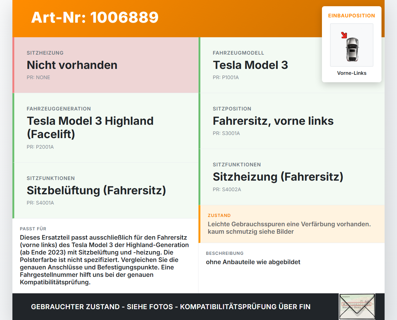 Tesla Model 3 LR Highland Sitz Fahrersitz Lüftung Vorne Links Tesla Model 3 LR Highland 16.01.2024 gebraucht Vorschau 3