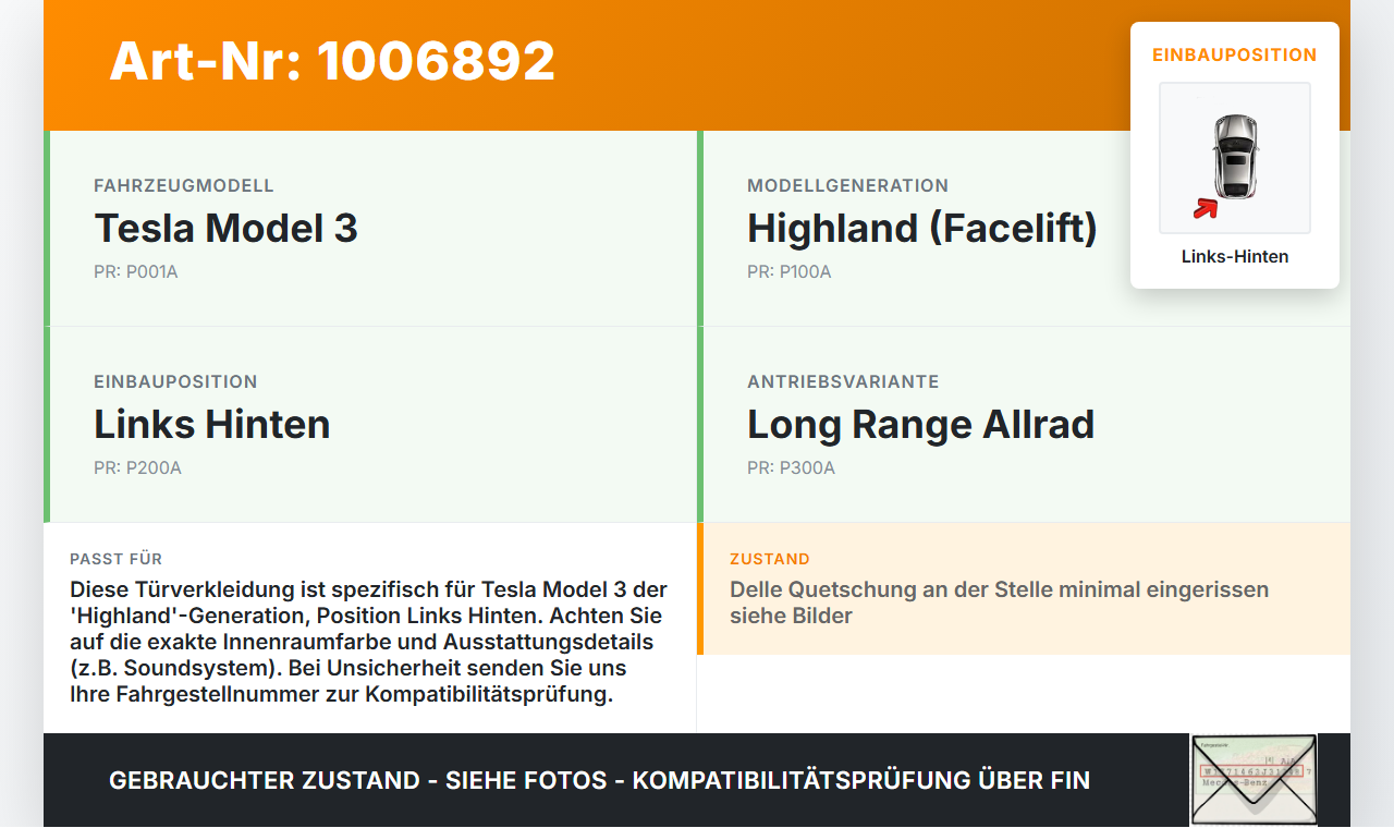 Tesla Model 3 LR Highland Türverkleidung Türpappe Links Hinten Tesla Model 3 LR Highland 16.01.2024 1776470-10-C... Vorschau 3