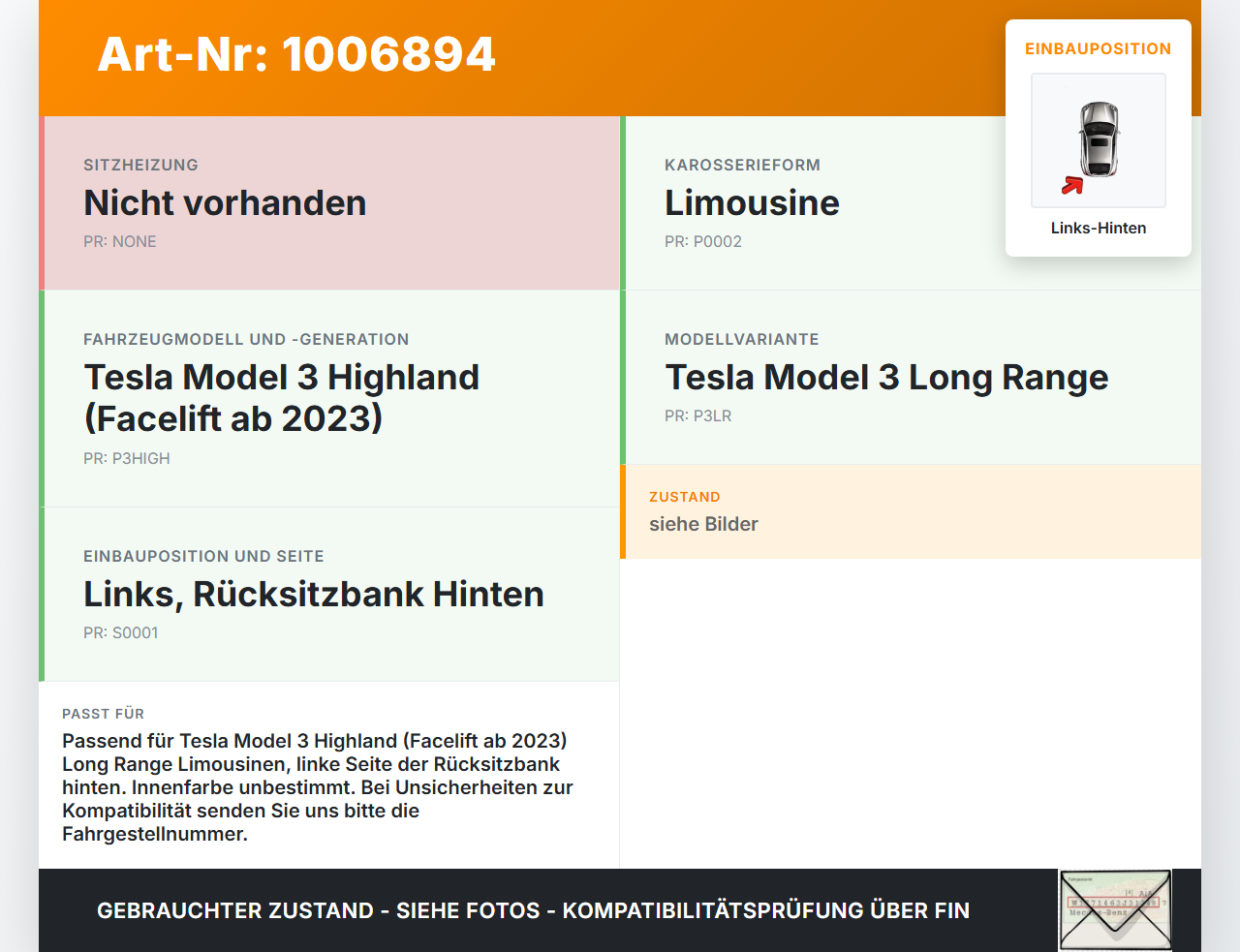 Tesla Model 3 LR Highland Seitenpolster Links für Rücksitzbank Hinten Tesla Model 3 LR Highland 16.01.2024 gebraucht Vorschau 3