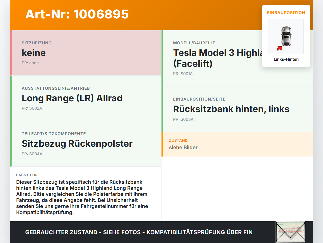 Tesla Model 3 LR Highland Sitzbezug Rückenpolster Links für Rücksitzbank Hinten Tesla Model 3 LR Highland... Vorschau 3