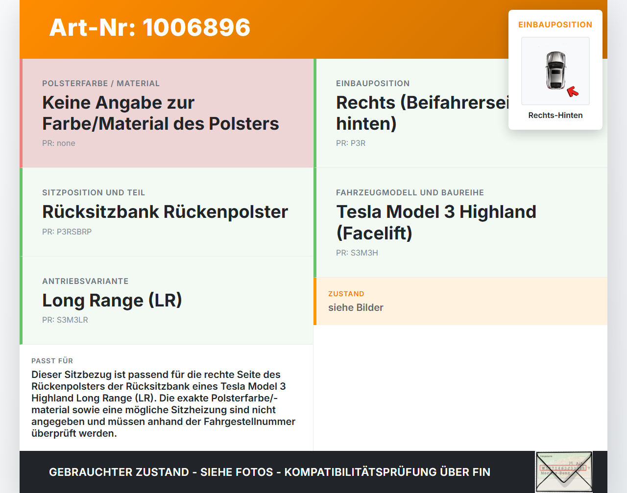 Tesla Model 3 LR Highland Sitzbezug Rückenpolster Rechts für Rücksitzbank Hinten Tesla Model 3 LR Highland... Vorschau 3