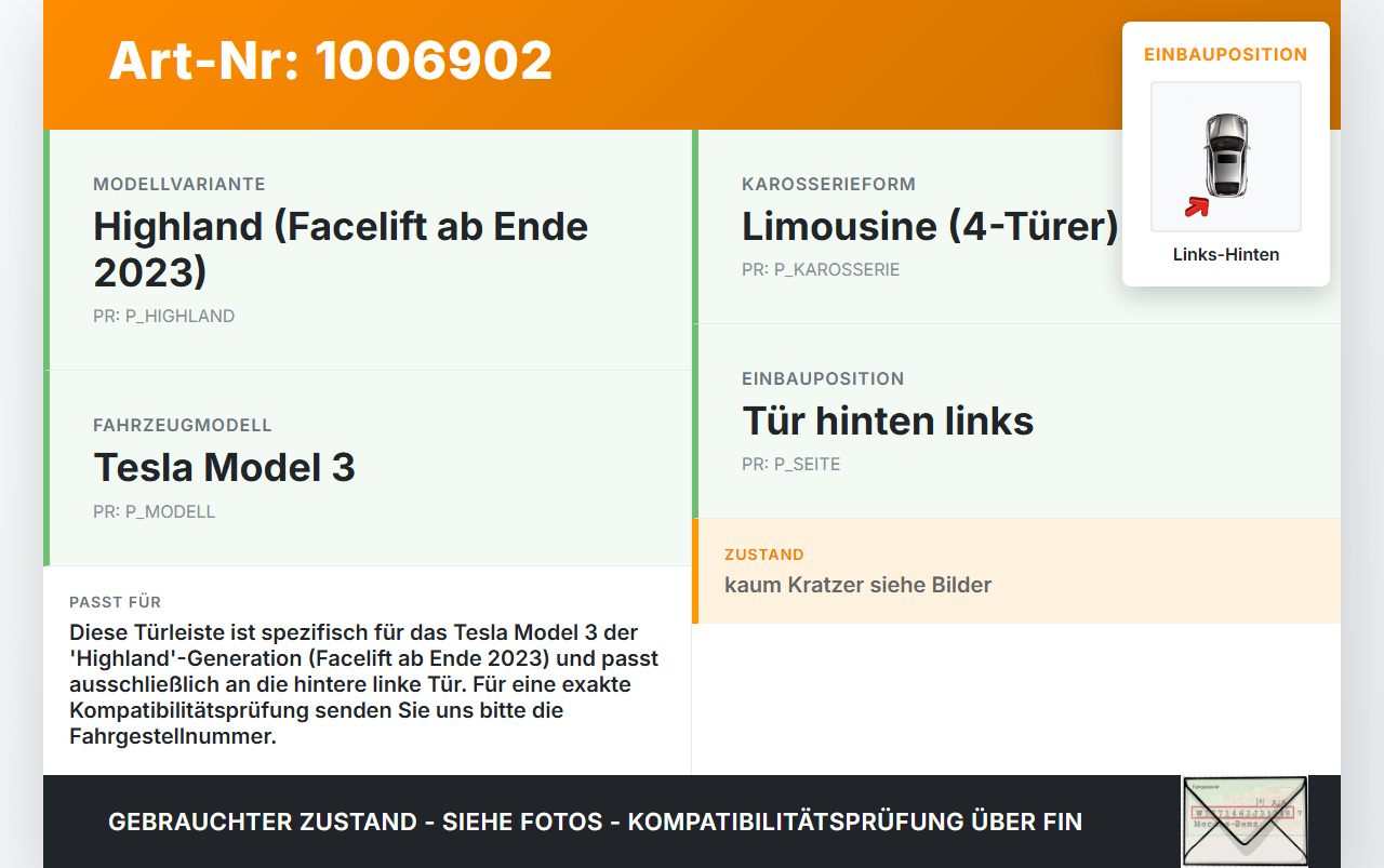 Tesla Model 3 LR Highland Leiste für Tür Scheibendichtung Links Hinten Tesla Model 3 LR Highland 16.01.2024 gebraucht Vorschau 3