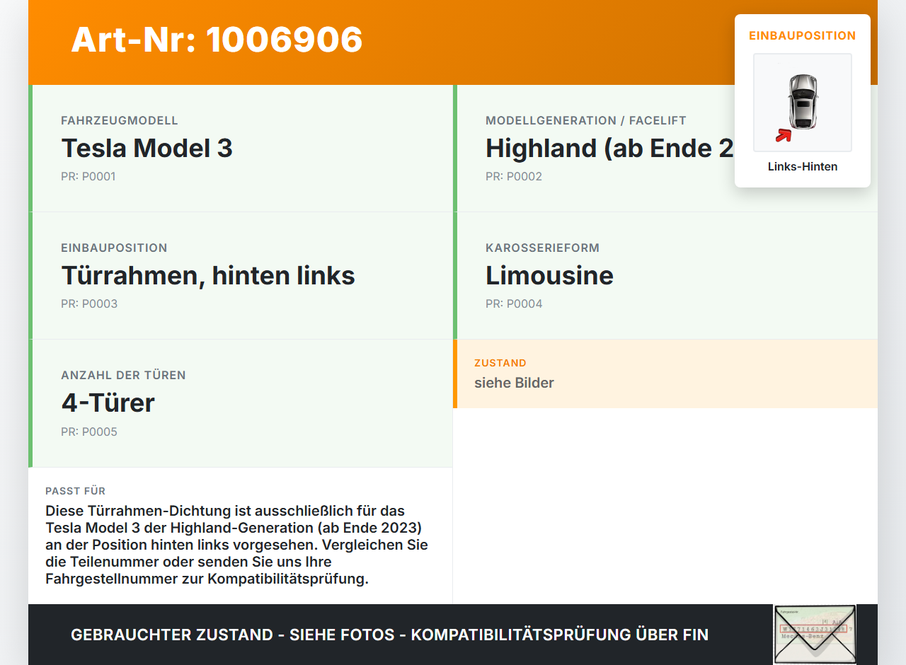 Tesla Model 3 LR Highland Dichtung für Türrahmen Türdichtung Links Hinten Tesla Model 3 LR Highland 16.01.2024 gebraucht Vorschau 3