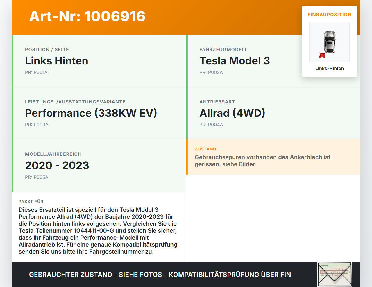 Tesla Model 3 Perf 20-23  EV  338KW 4WD Achsschenkel ohne Radnabe Links Hinten Tesla Model 3 Perf 20-23 18.04.2023... Vorschau 3