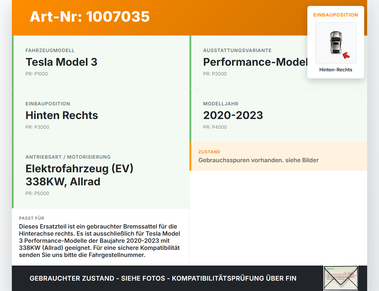 Tesla Model 3 Perf 20-23 EV  338KW Bremssattel Bremszange Hinten Rechts Tesla Model 3 Perf 20-23 18.04.2023... Vorschau 3