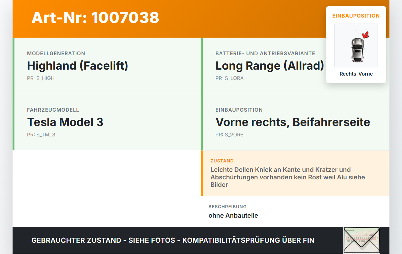 Tesla Model 3 LR Highland Tür Beifahrertür Rechts Vorne PR01 Tesla Model 3 LR Highland 16.01.2024 gebraucht Vorschau 3