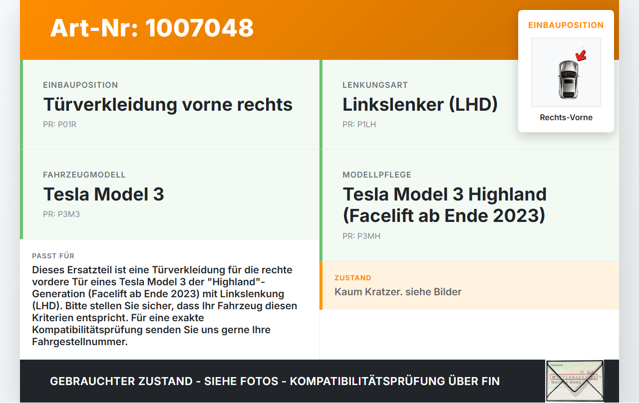 Tesla Model 3 LR Highland Türverkleidung Türpappe Rechts Vorne Tesla Model 3 LR Highland 16.01.2024 1776743-10-B... Vorschau 3
