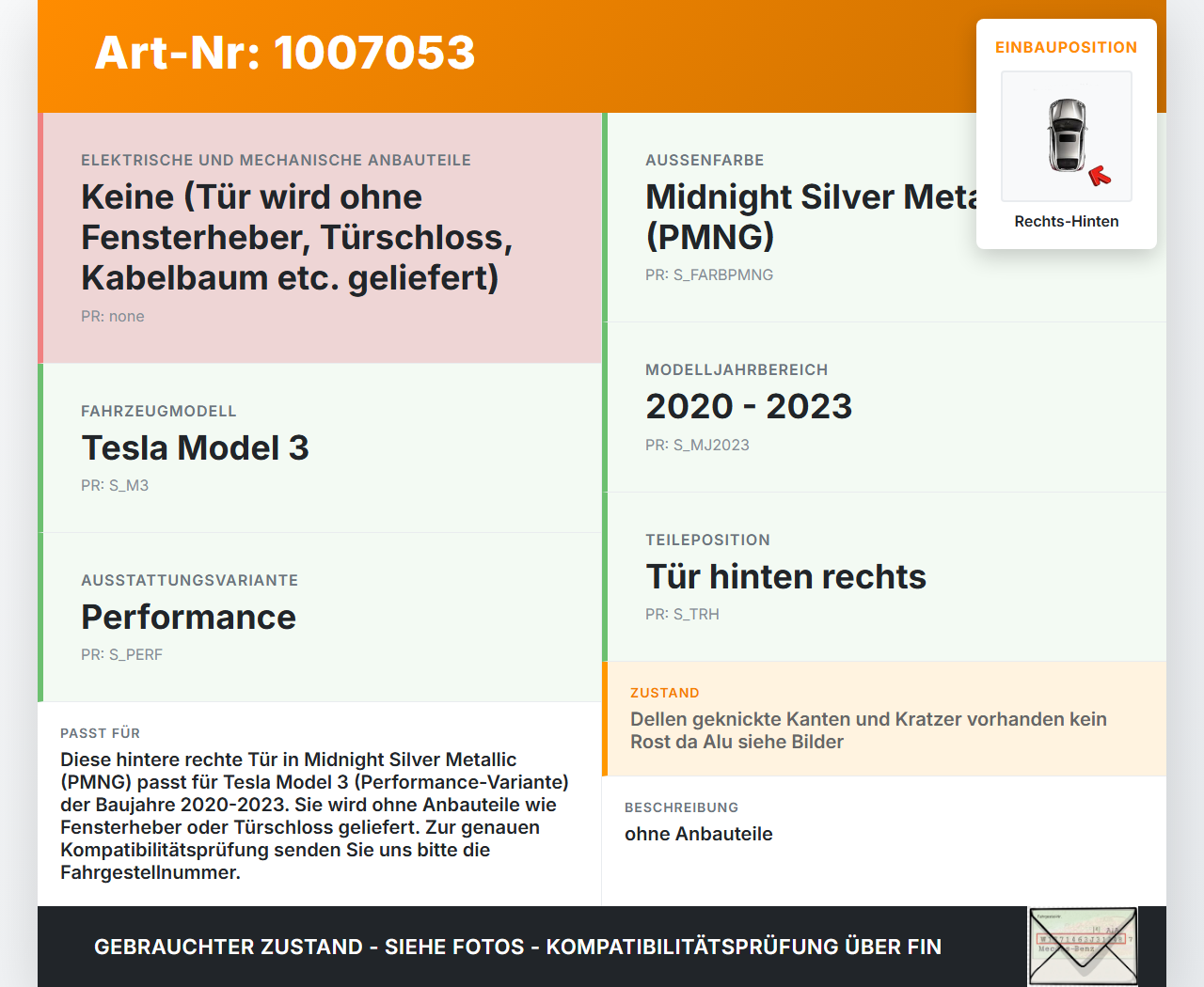 Tesla Model 3 Perf 20-23 Tür Rechts Hinten PMNG Tesla Model 3 Perf 20-23 18.04.2023 1081458-S0-G 1081440-ST-C gebraucht Vorschau 3