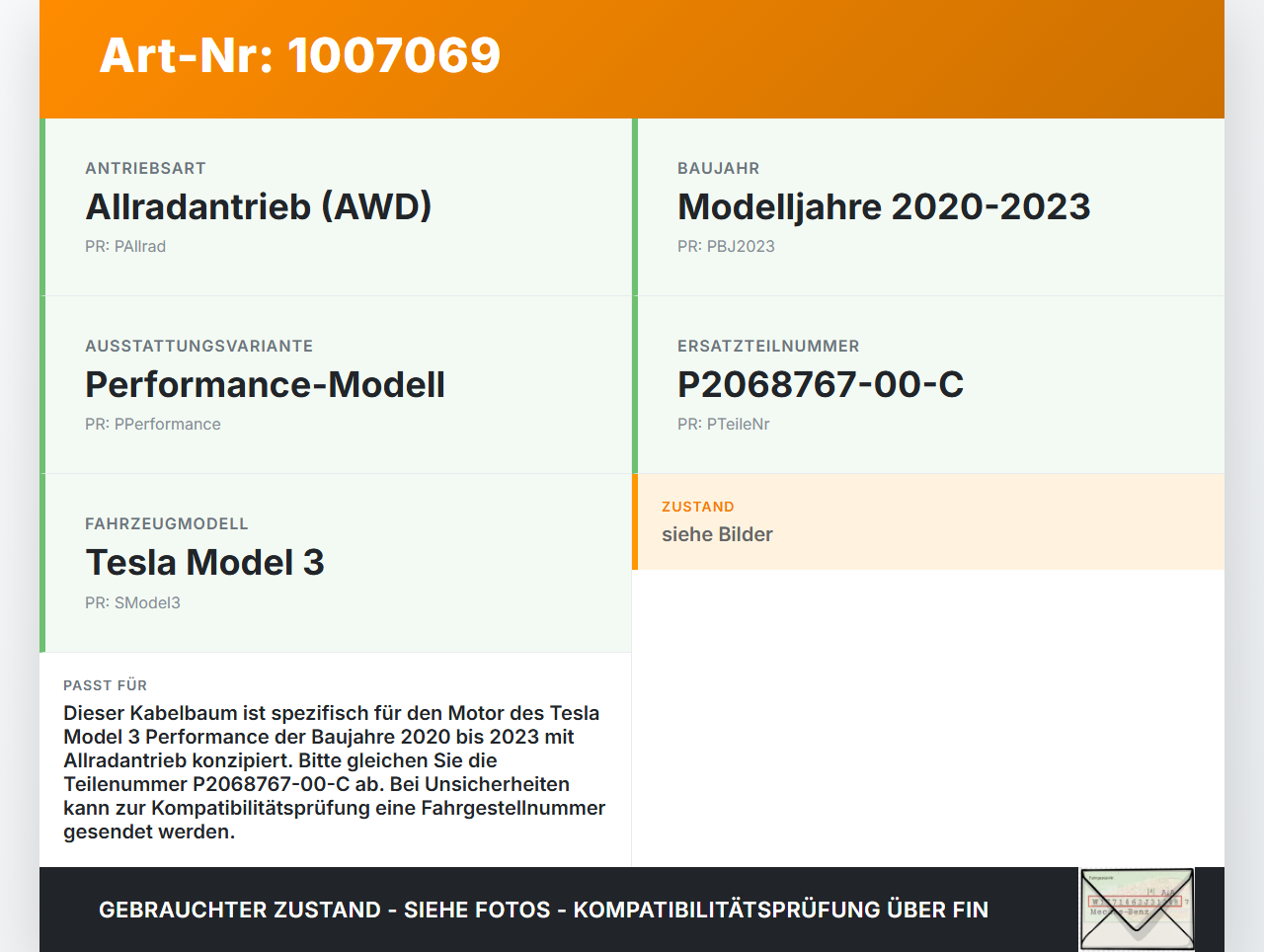 Tesla Model 3 Perf 20-23 Kabelbaum für Motor Tesla Model 3 Perf 20-23 18.04.2023 P2068767-00-C gebraucht Vorschau 3