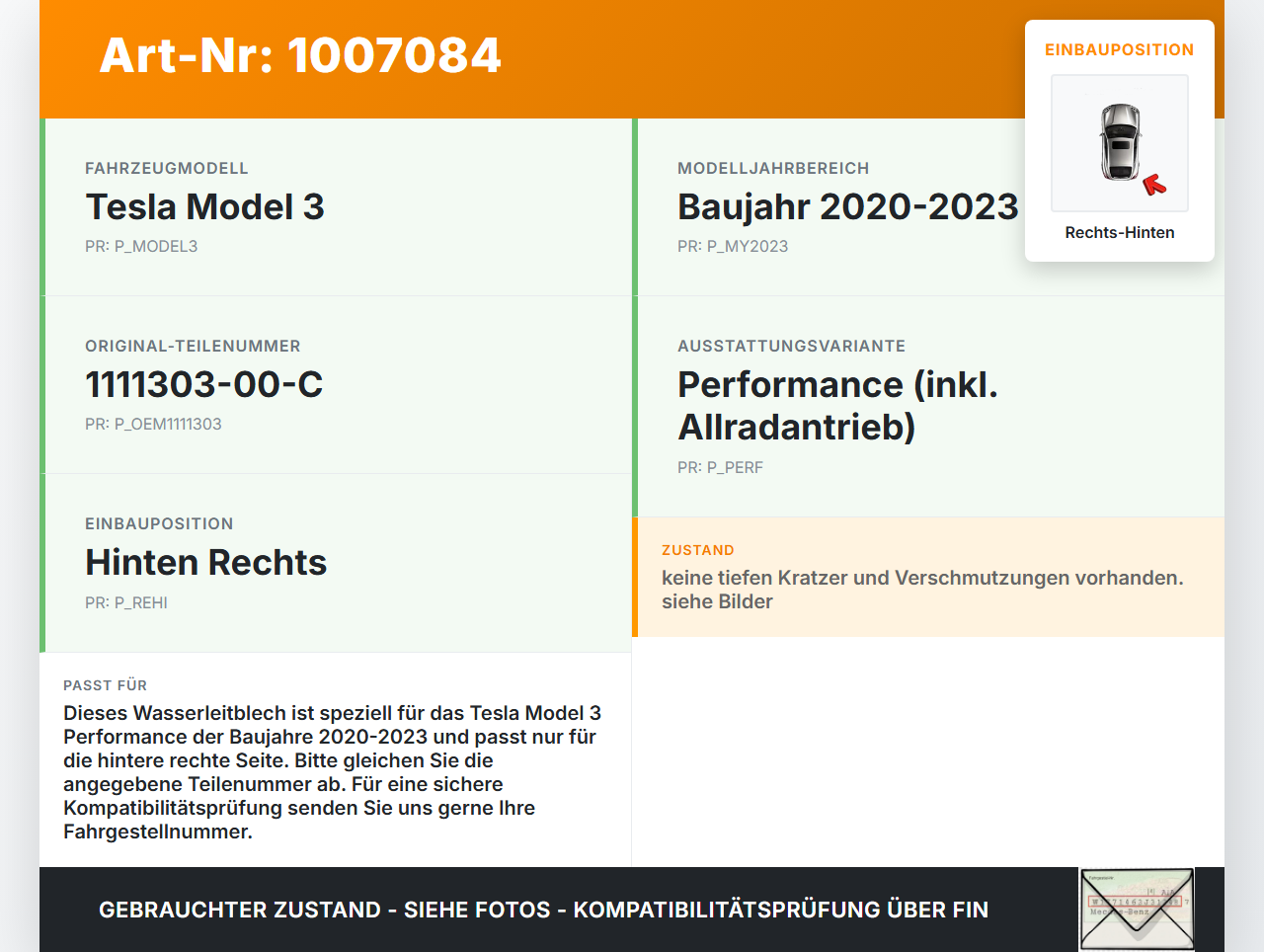 Tesla Model 3 Perf 20-23 Wasserabweiser Wasserleitblech Rechts Hinten Tesla Model 3 Perf 20-23 18.04.2023... Vorschau 3