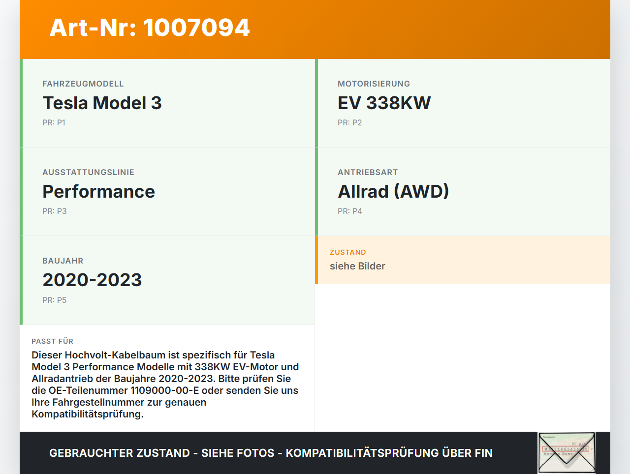 Tesla Model 3 Perf 20-23 EV  338KW Hochvolt Kabelbaum Leitungssatz für Motor Tesla Model 3 Perf 20-23 18.04.2023... Vorschau 3