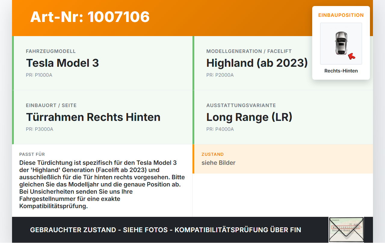 Tesla Model 3 LR Highland Dichtung für Türrahmen Türdichtung Rechts Hinten Tesla Model 3 LR Highland 16.01.2024... Vorschau 3