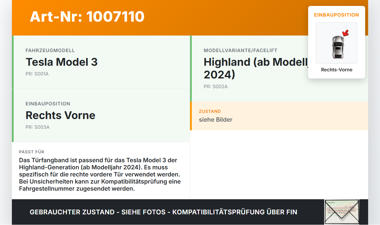 Tesla Model 3 LR Highland Türfangband Türbremse Türanschlag Rechts Vorne Tesla Model 3 LR Highland 16.01.2024... Vorschau 3