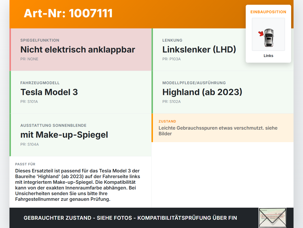 Tesla Model 3 LR Highland Sonnenblende Links Fahrerseite mit Spiegel Tesla Model 3 LR Highland 16.01.2024 gebraucht Vorschau 3