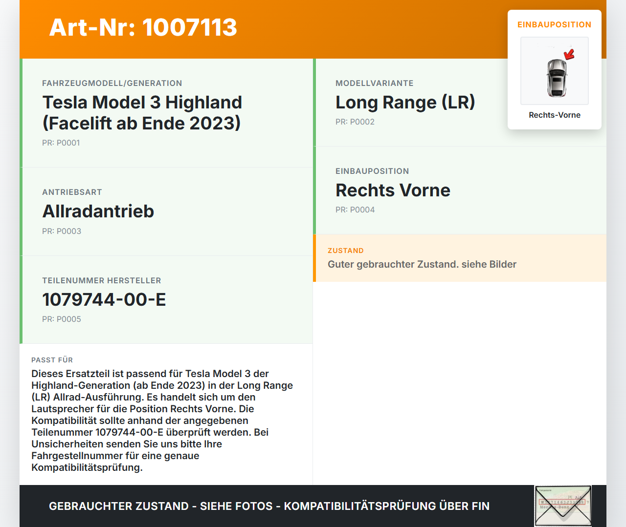 Tesla Model 3 LR Highland Lautsprecher Rechts Vorne Tesla Model 3 LR Highland 16.01.2024 1079744-00-E gebraucht Vorschau 3