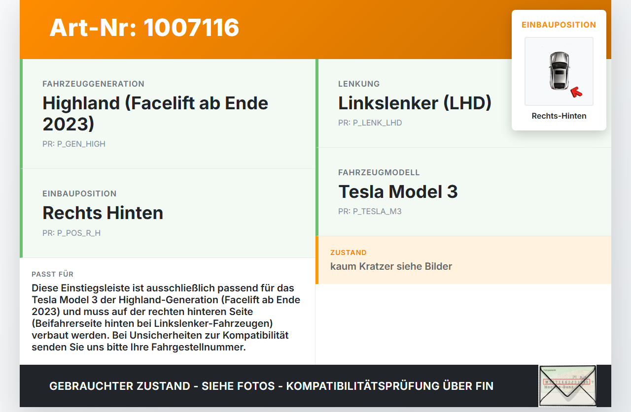 Tesla Model 3 LR Highland Einstiegsleiste Rechts Hinten Tesla Model 3 LR Highland 16.01.2024 1769876-00 gebraucht Vorschau 3