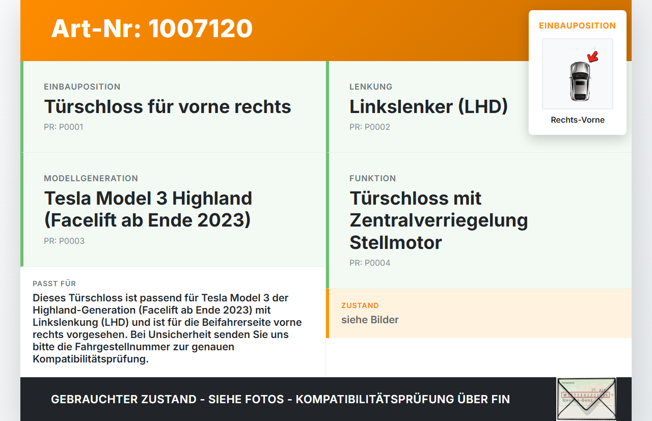 Tesla Model 3 LR Highland Türschloss m. ZV Stellmotor Rechts Vorne Tesla Model 3 LR Highland 16.01.2024... Vorschau 3