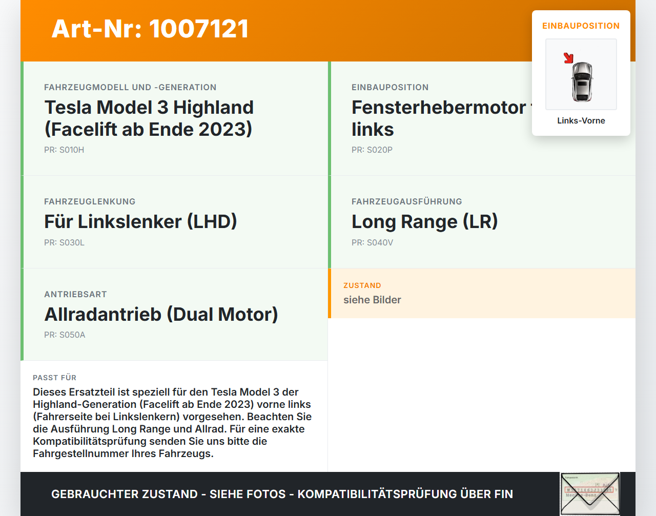 Tesla Model 3 LR Highland Fensterhebermotor Links Vorne Tesla Model 3 LR Highland 16.01.2024 1A002173A 430090K gebraucht Vorschau 3