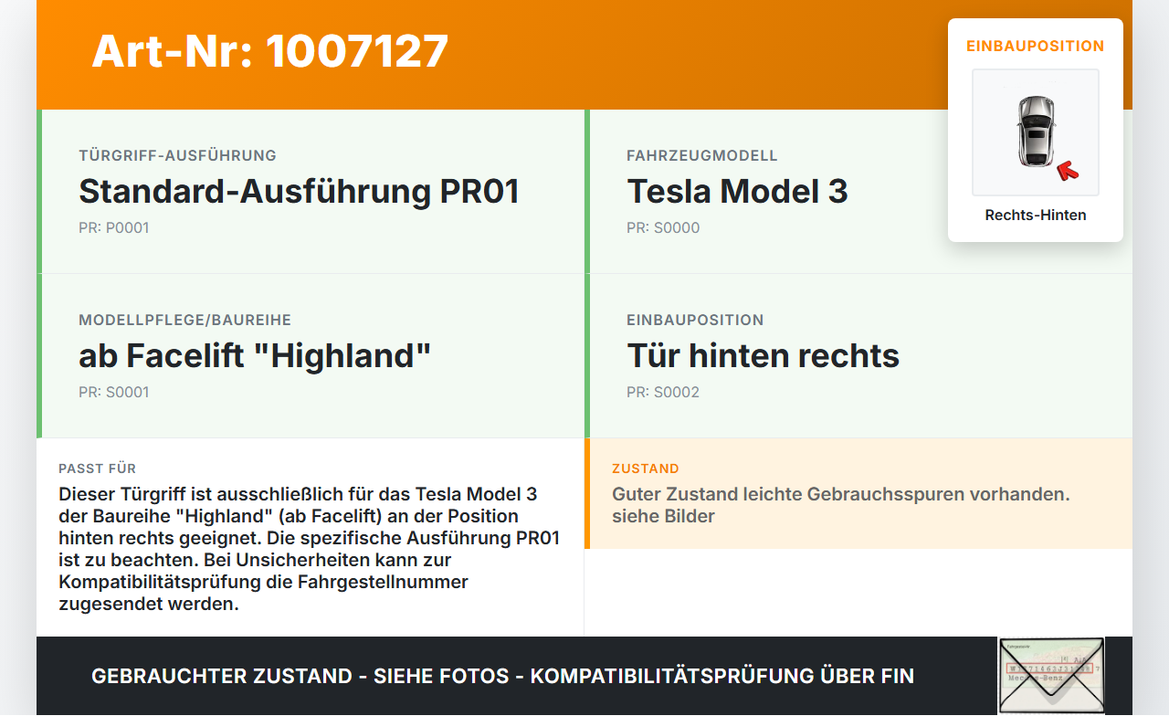 Tesla Model 3 LR Highland Türgriff Griff aussen Rechts Hinten PR01 Tesla Model 3 LR Highland 16.01.2024... Vorschau 3