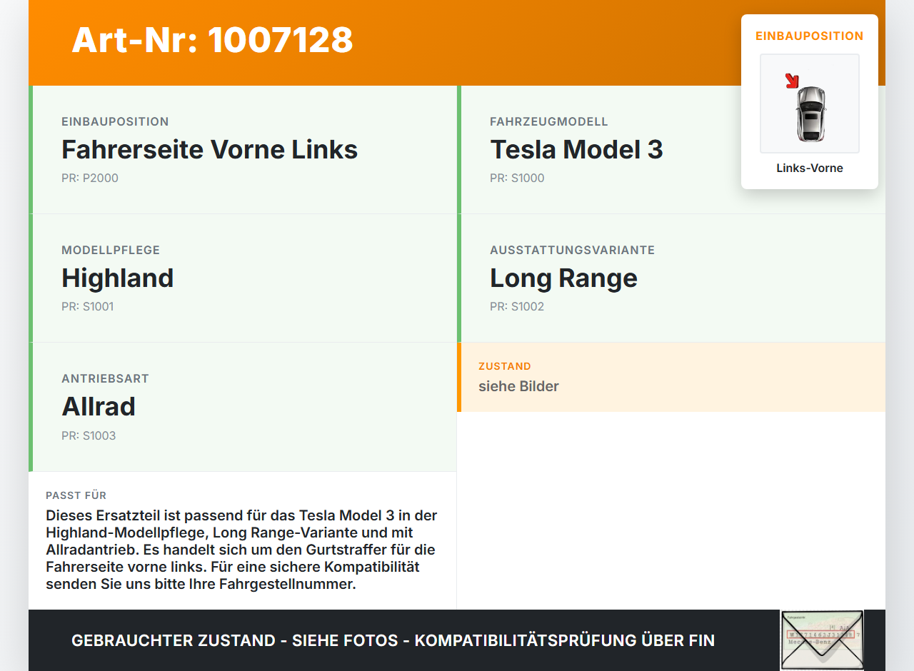 Tesla Model 3 LR Highland Gurtstraffer Fahrer Links Vorne Tesla Model 3 LR Highland 16.01.2024 1857605-C1-B gebraucht Vorschau 3