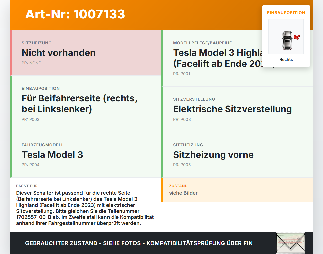 Tesla Model 3 LR Highland Schalter Rechts für Sitzverstellung Tesla Model 3 LR Highland 16.01.2024 1702557-00-B... Vorschau 3