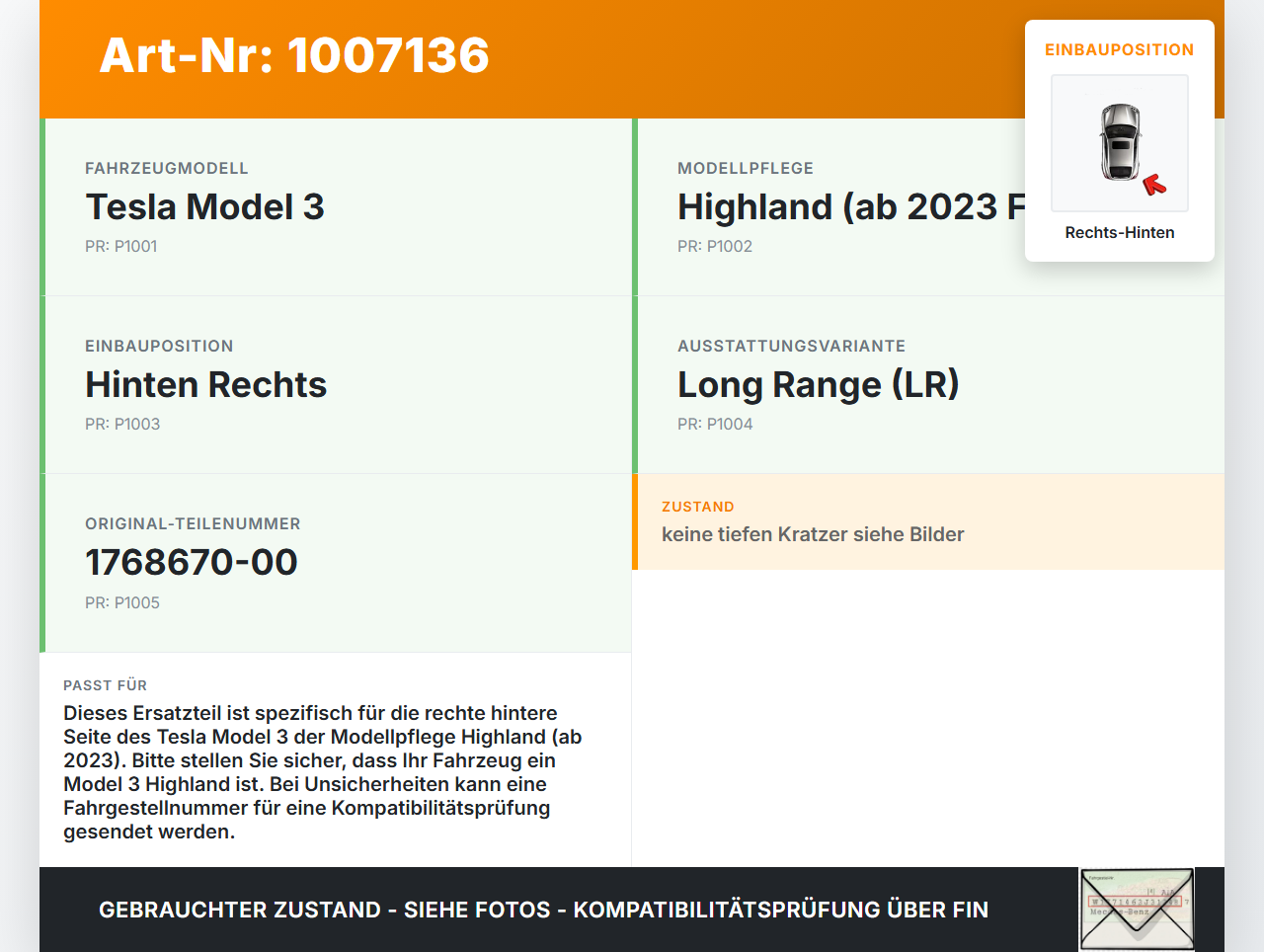 Tesla Model 3 LR Highland Einstiegsleiste Rechts Hinten Tesla Model 3 LR Highland 16.01.2024 1768670-00 gebraucht Vorschau 3