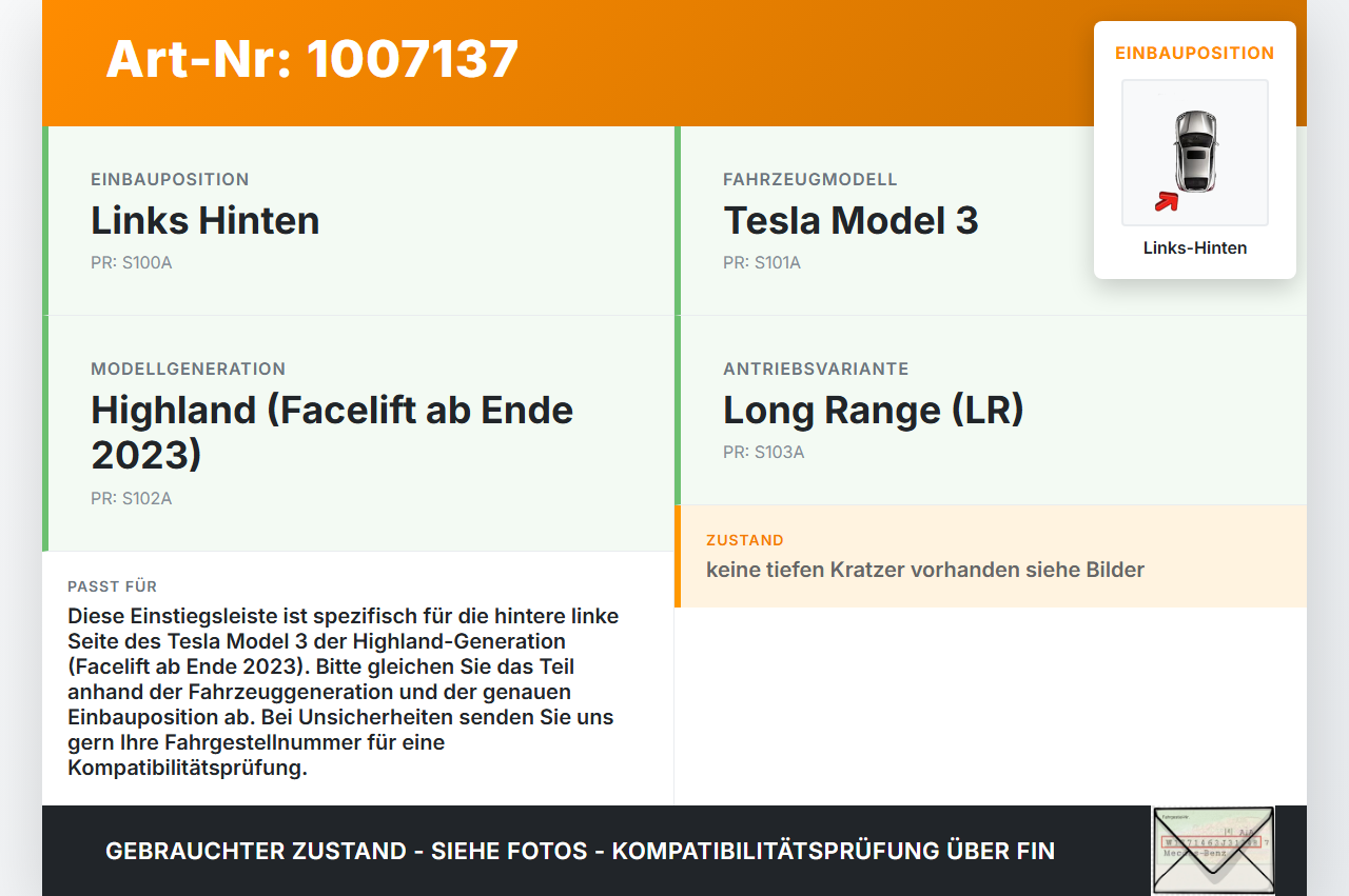Tesla Model 3 LR Highland Einstiegsleiste Links Hinten Tesla Model 3 LR Highland 16.01.2024 1763673-00 gebraucht Vorschau 3