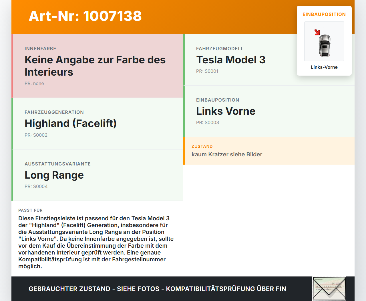 Tesla Model 3 LR Highland Einstiegsleiste Links Vorne Tesla Model 3 LR Highland 16.01.2024 1763667-00 gebraucht Vorschau 3