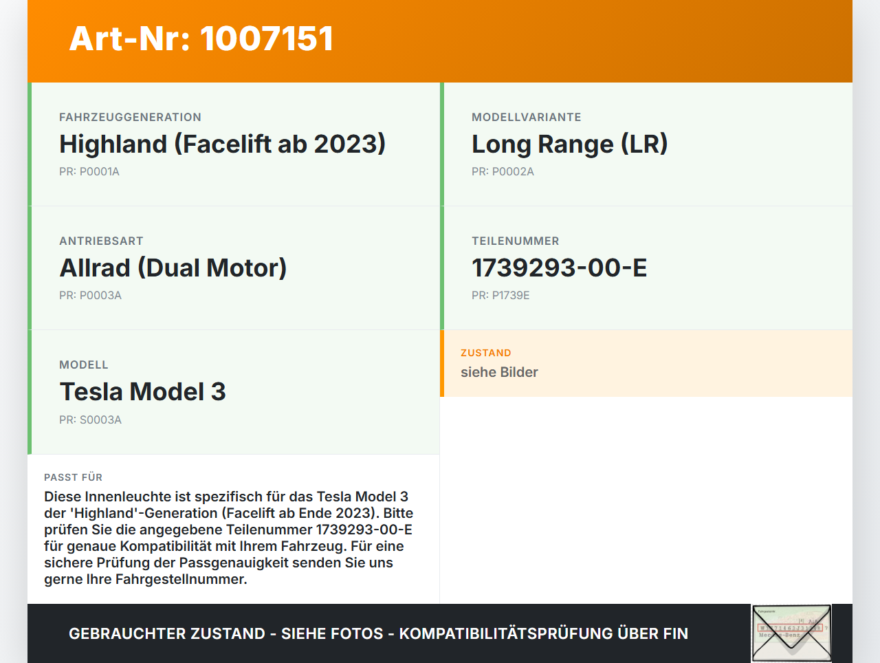 Tesla Model 3 LR Highland Innenleuchte Innenraumleuchte Tesla Model 3 LR Highland 16.01.2024 1739293-00-E gebraucht Vorschau 3