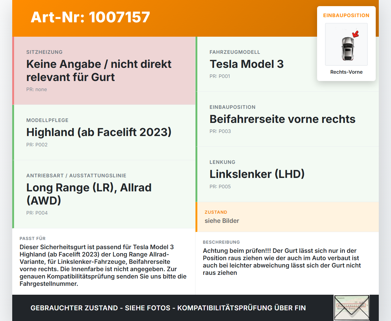 Tesla Model 3 LR Highland Gurt Sicherheitsgurt Gurtstraffer für Beifahrer Rechts Vorne Tesla Model 3 LR Highland... Vorschau 3