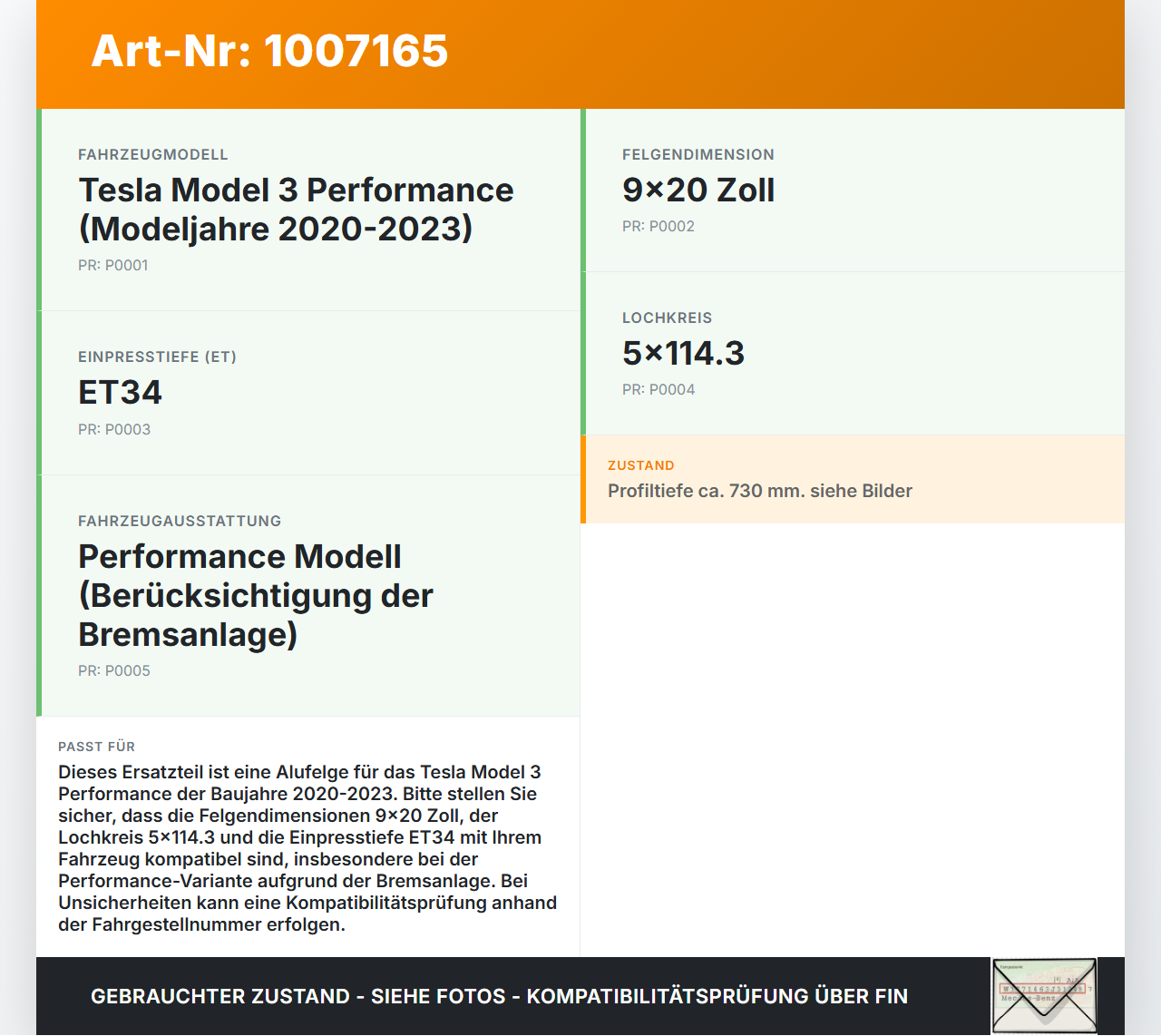 Tesla Model 3 Perf 20-23 1x Reifen 235/35 R20 Tesla Model 3 Perf 20-23 18.04.2023 gebraucht Vorschau 3