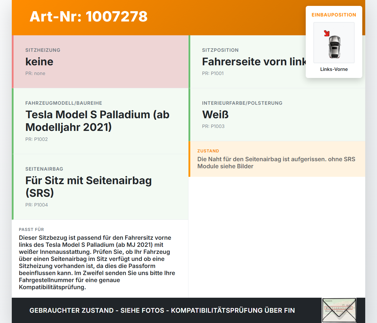 Tesla Model S Palladium 21-25 Sitzbezug Rückenpolster Links Vorne für Fahrer Sitz Tesla Model S Palladium 21-25... Vorschau 3