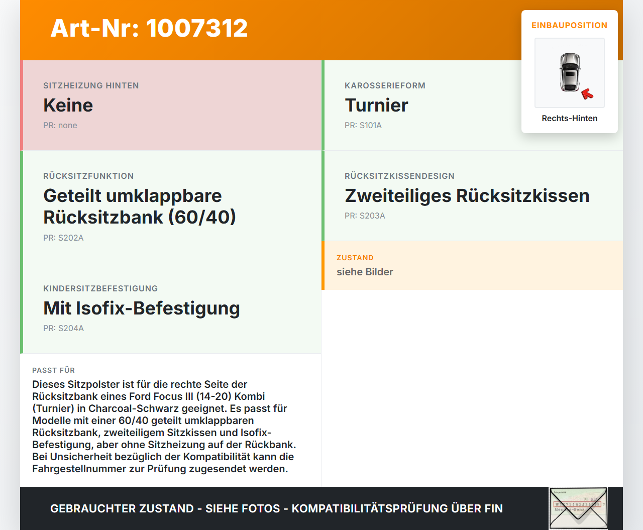 Ford Focus III 3 14-20 Kombi Sitzpolster Rechts f. Rücksitzbank Hinten Ford Focus III 3 14-20 17.02.2015 gebraucht Vorschau 3