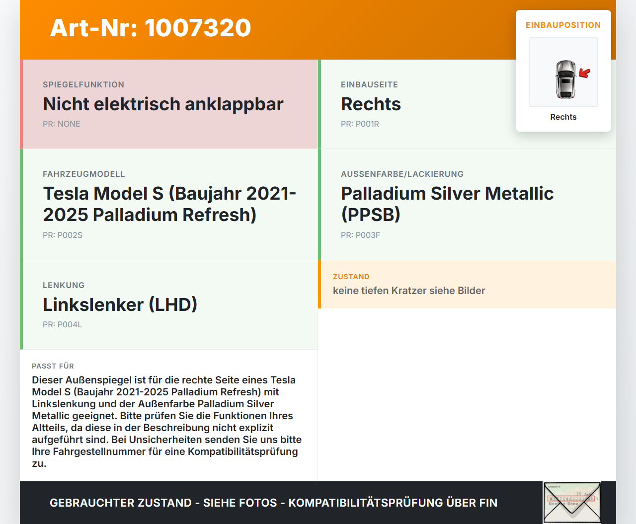 Tesla Model S Palladium 21-25 Spiegel Aussenspiegel Rechts PPSB Tesla Model S Palladium 21-25 30.07.2024... Vorschau 3