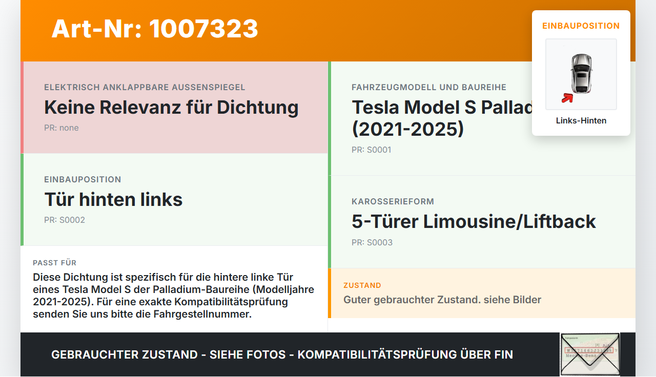Tesla Model S Palladium 21-25 Dichtung für Rahmen Tür Links Hinten Tesla Model S Palladium 21-25 30.07.2024 gebraucht Vorschau 3
