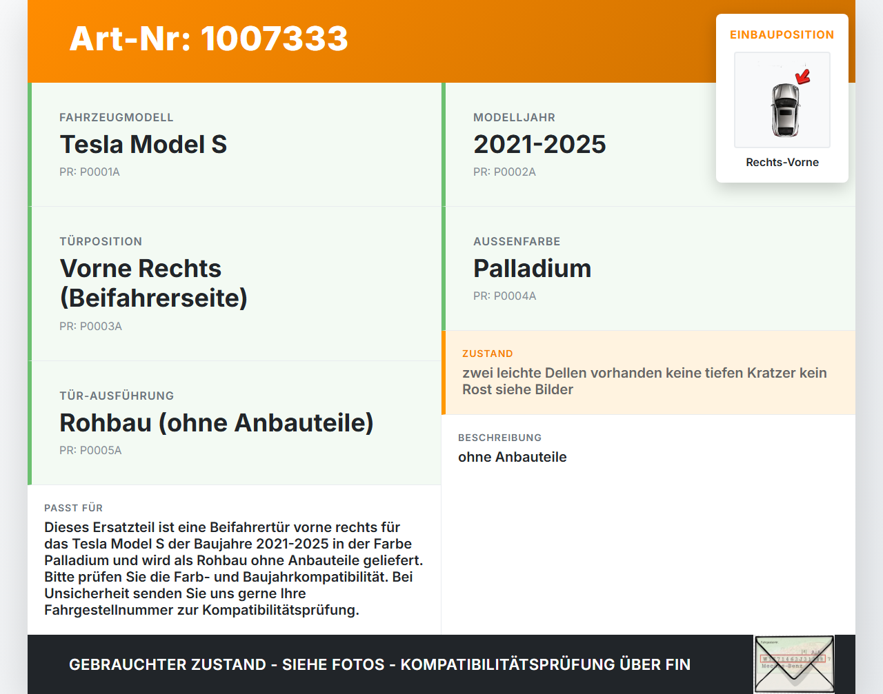 Tesla Model S Palladium 21-25 Tür Beifahrertür Rechts Vorne PPSB Tesla Model S Palladium 21-25 30.07.2024... Vorschau 3