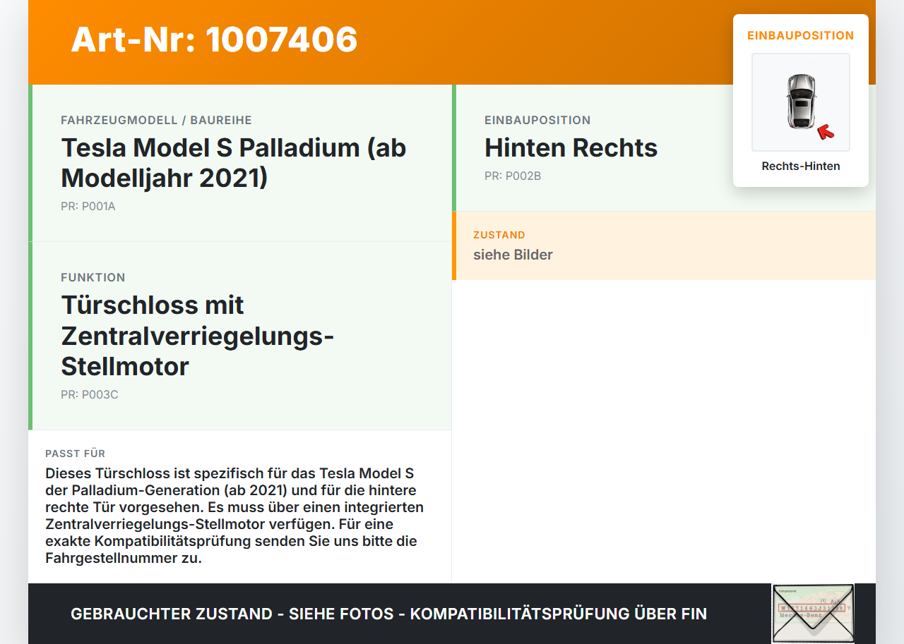 Tesla Model S Palladium 21-25 Türschloss m. ZV Stellmotor Rechts Hinten Tesla Model S Palladium 21-25 30.07.2024... Vorschau 3