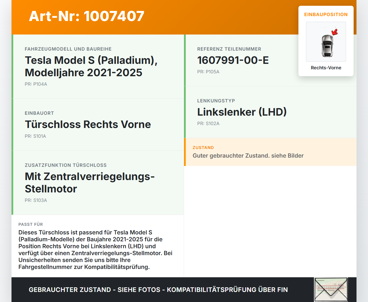 Tesla Model S Palladium 21-25 Türschloss m. ZV Stellmotor Rechts Vorne Tesla Model S Palladium 21-25 30.07.2024... Vorschau 3