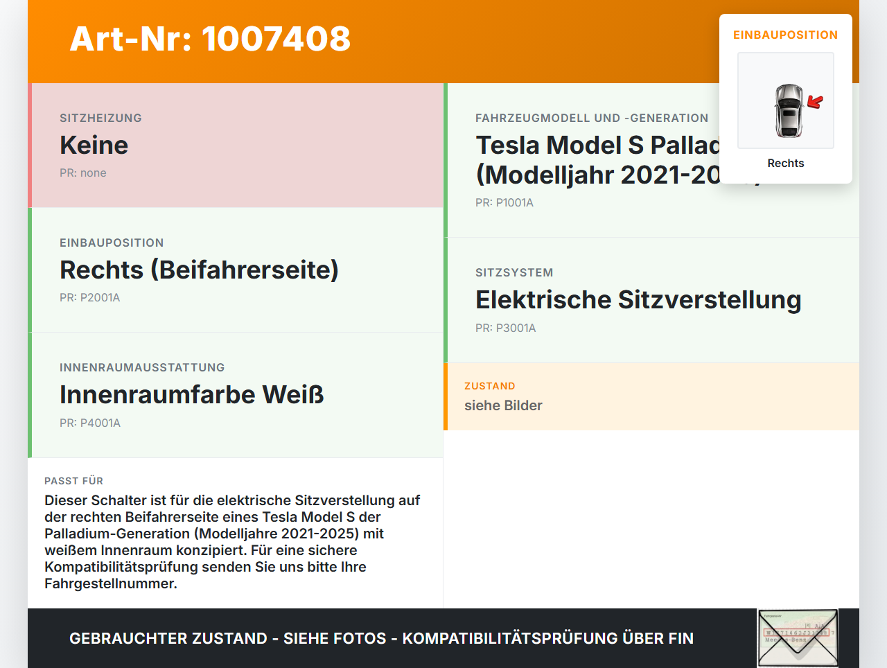 Tesla Model S Palladium 21-25 Schalter Rechts für Sitzverstellung Tesla Model S Palladium 21-25 30.07.2024... Vorschau 3