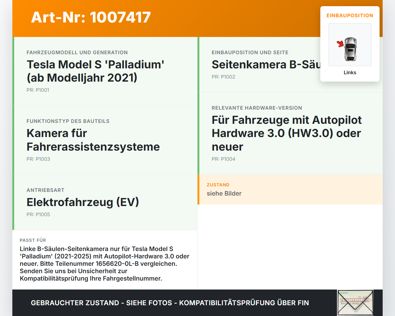 Tesla Model S Palladium 21-25 EV  493KW Kamera Camera B-Säule Seitenkamera Links Tesla Model S Palladium 21-25... Vorschau 3