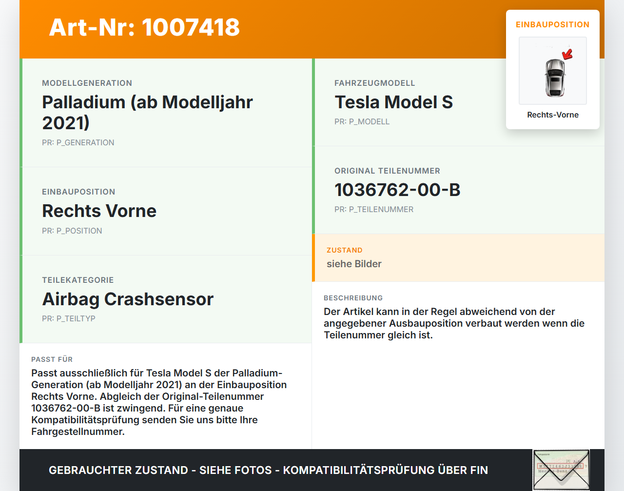 Tesla Model S Palladium 21-25 Sensor für Airbag Crashsensor Airbagsensor Rechts Vorne Tesla Model S Palladium 21-25... Vorschau 3