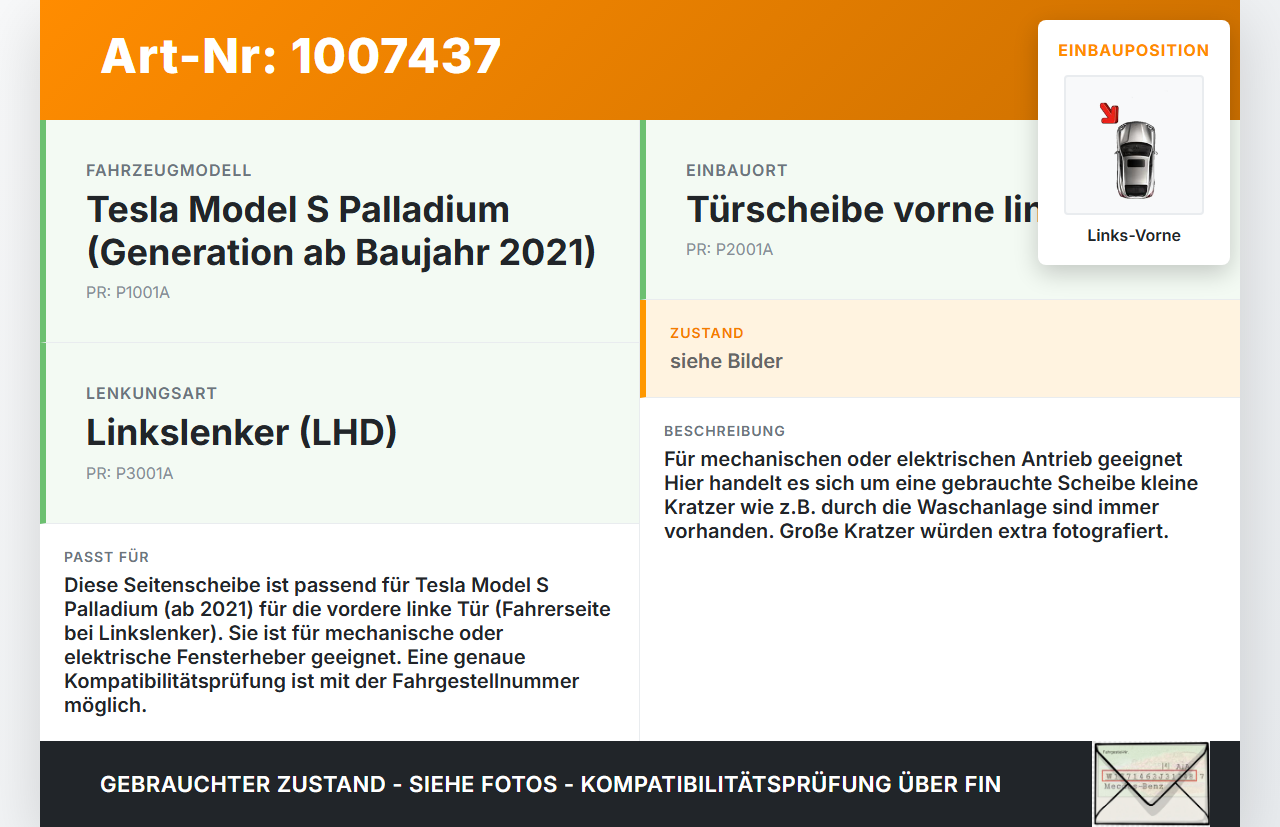 Tesla Model S Palladium 21-25 Seitenscheibe LVK Fenster Türscheibe Links Vorne Tesla Model S Palladium 21-25... Vorschau 3