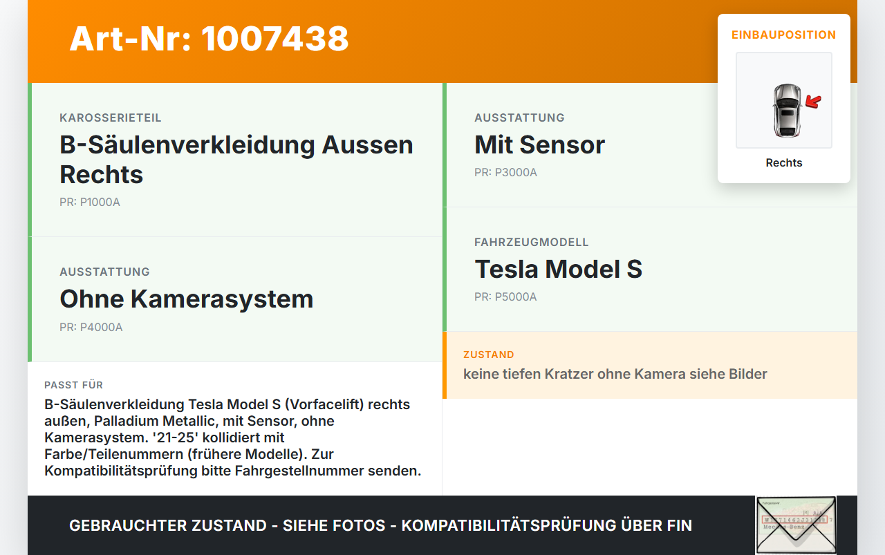 Tesla Model S Palladium 21-25 B-Säulenverkleidung Aussen Rechts mit Sensor Tesla Model S Palladium 21-25 30.07.2024... Vorschau 3