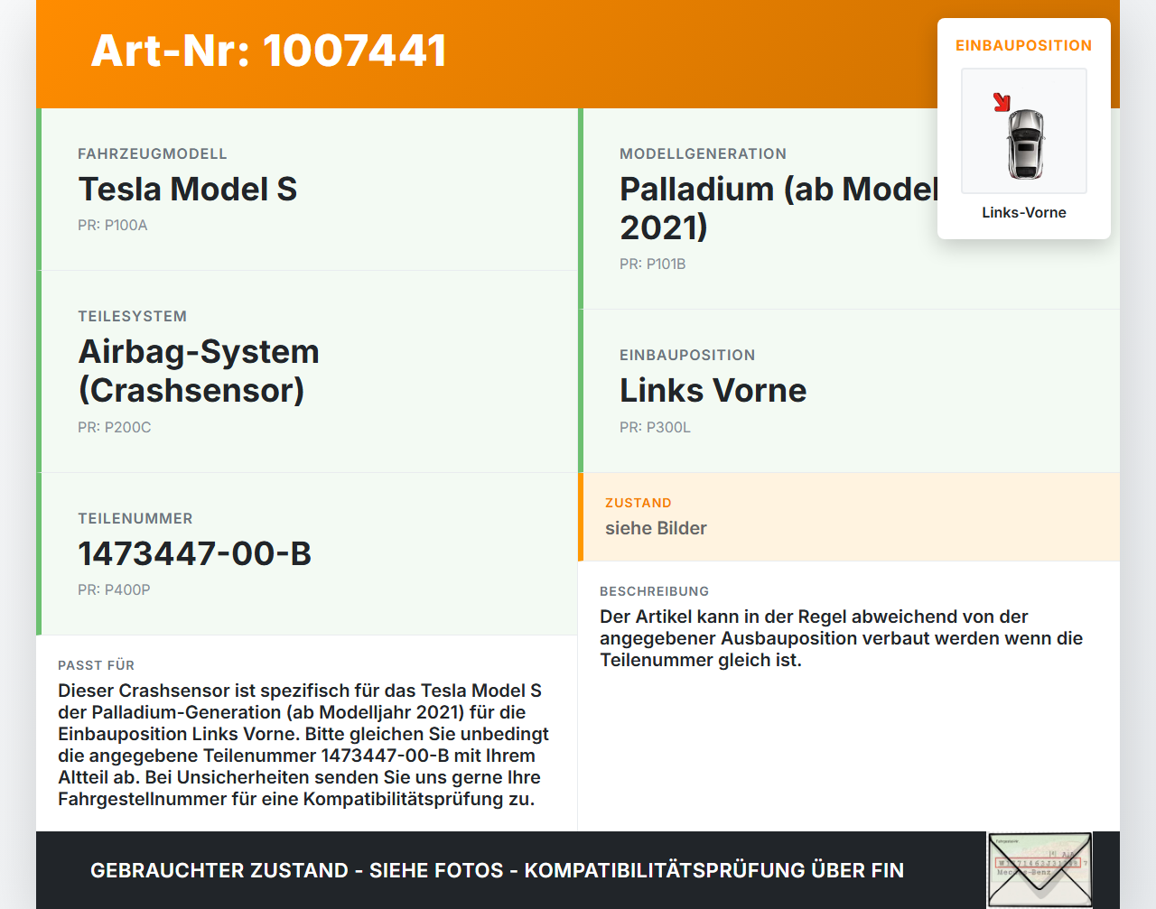 Tesla Model S Palladium 21-25 Sensor für Airbag Crashsensor Airbagsensor Links Vorne Tesla Model S Palladium 21-25... Vorschau 3