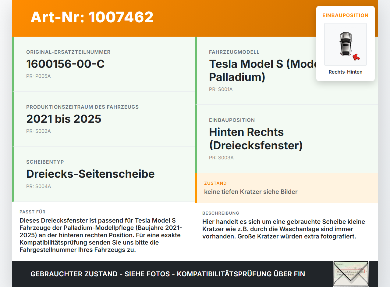 Tesla Model S Palladium 21-25 Seitenscheibe Dreieck Scheibe Rechts Hinten Tesla Model S Palladium 21-25 30.07.2024... Vorschau 3