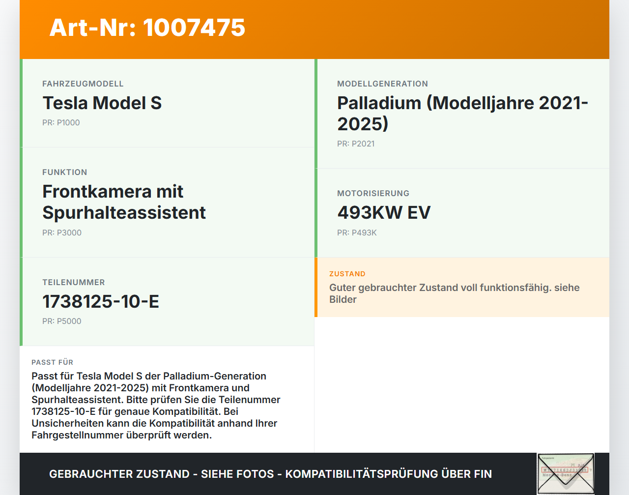 Tesla Model S Palladium 21-25 EV  493KW Kamera Frontkamera Sensor Spurassistent Tesla Model S Palladium 21-25... Vorschau 3