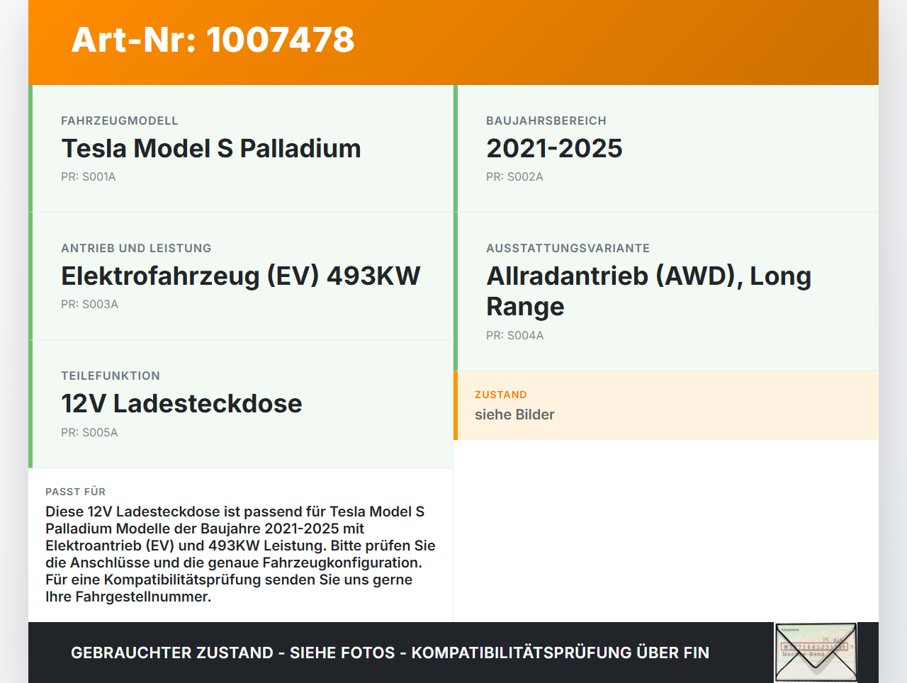 Tesla Model S Palladium 21-25 EV  493KW Steckdose 12V Ladegerät Tesla Model S Palladium 21-25 30.07.2024 gebraucht Vorschau 3