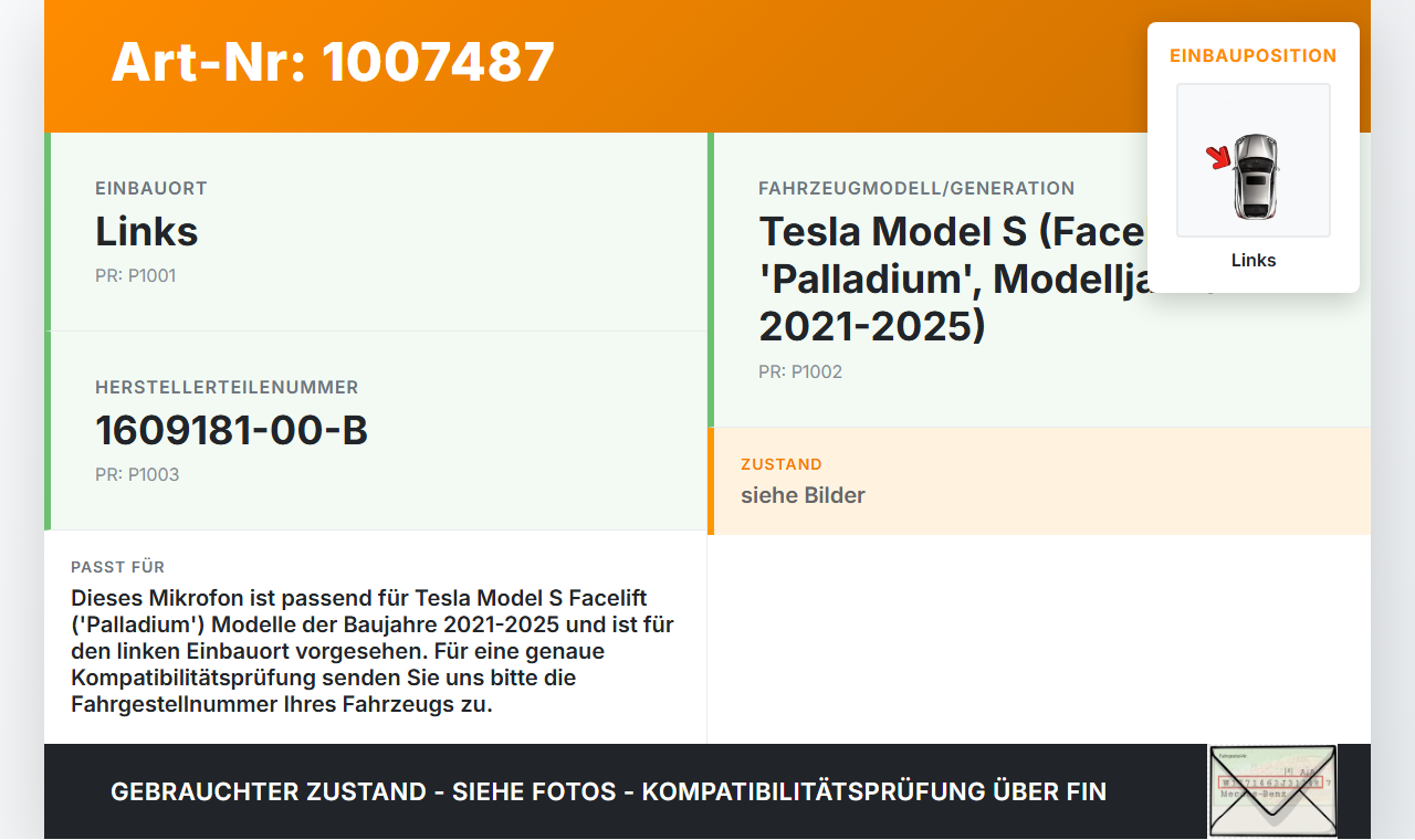 Tesla Model S Palladium 21-25 Mikrofon Links Tesla Model S Palladium 21-25 30.07.2024 1609181-00-B gebraucht Vorschau 3