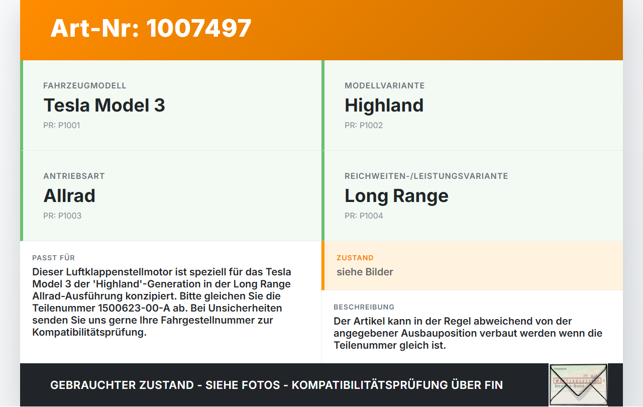 Tesla Model 3 LR Highland Luftklappenstellmotor Stellmotor Pos.1 Tesla Model 3 LR Highland 16.01.2024 1500623-00-A... Vorschau 3
